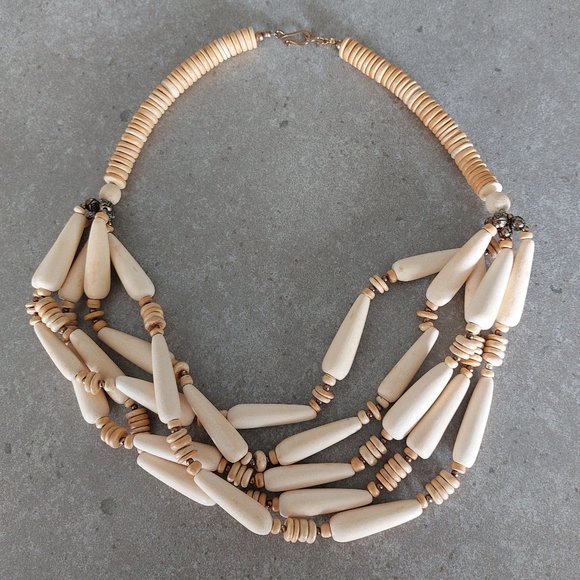 FASHION JEWELRY Women's Oblong/Round 4 Strands Wood Beads Necklace - Ivory/Tan - Picture 3 of 9